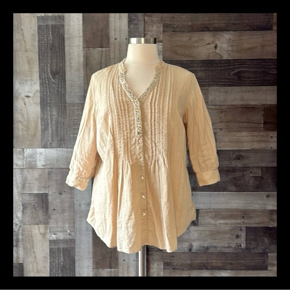 Style & Co cream peasant top XLarge beaded Henley boho chic romantic resortwear